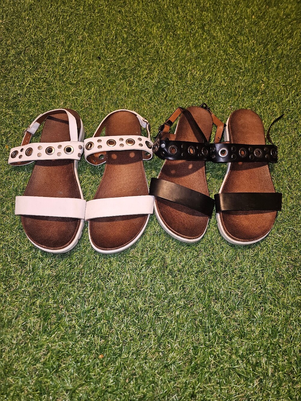 Studded Strap Flat Sandals in White and Black